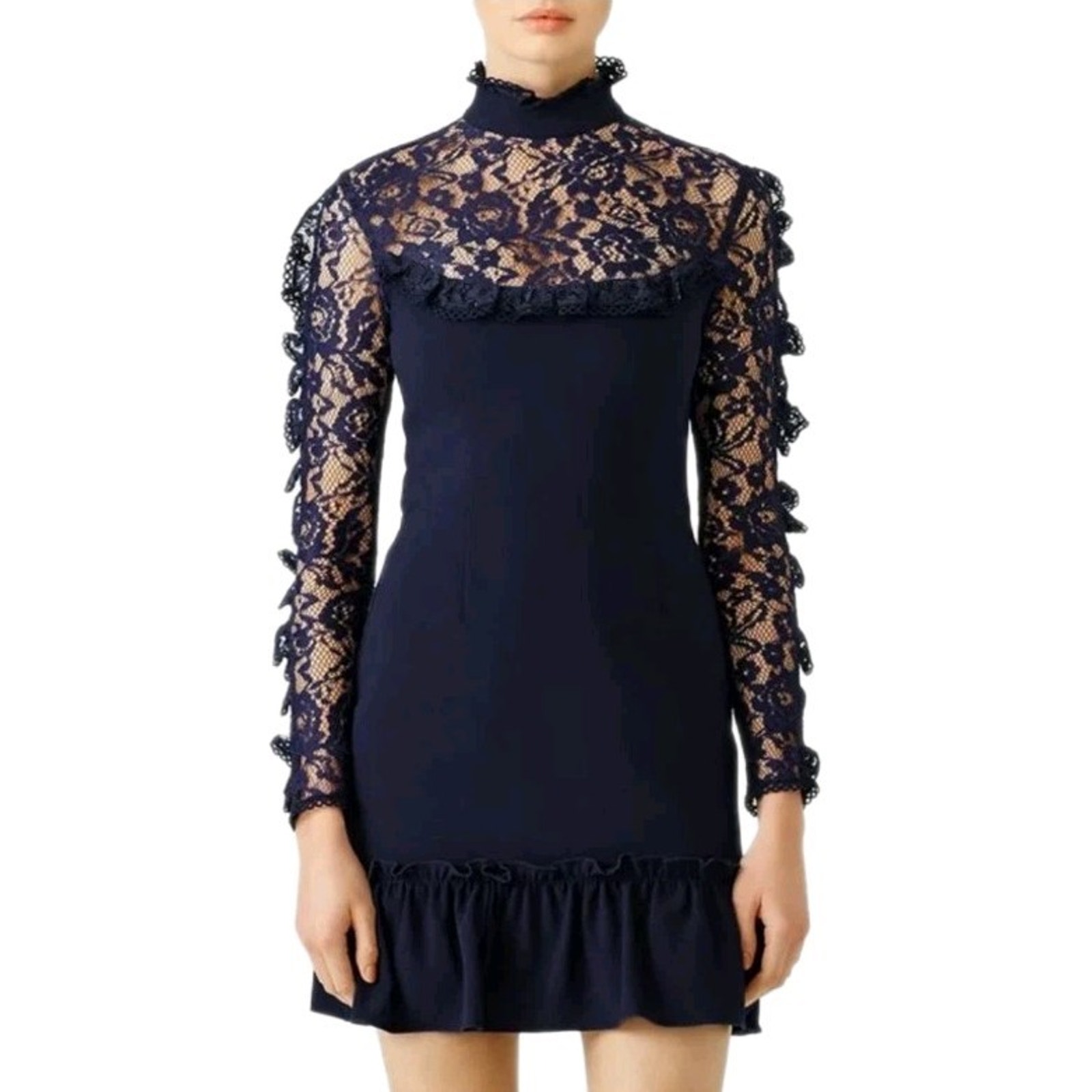 Nicholas The Label Ruffle Trim Lace Mini Dress 8 $495 Navy Romantic Whimsygoth